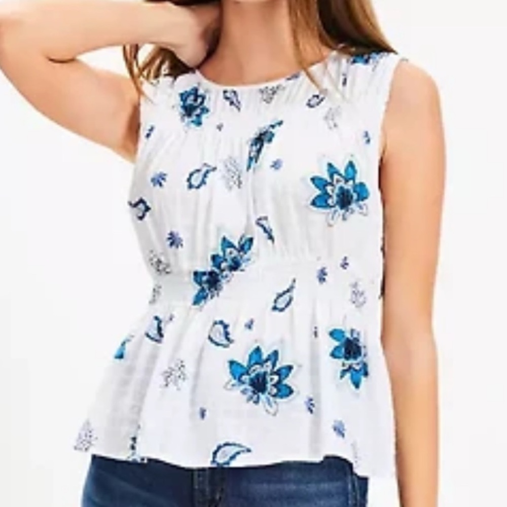 LOFT Paisley White and Blue Plaid Smocked Peplum Top Size Medium